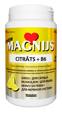 MAGNIJS CITRĀTS Magnijs Citrāts 375 mg + B6 Chew košļājamās tabletes, 100 gab.